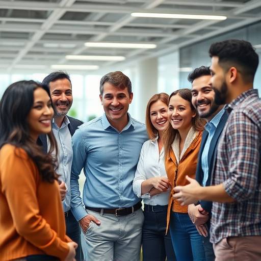 Uma equipe diversa de profissionais colaborando em um escritório moderno, sorrindo e trabalhando juntos, representando o trabalho em equipe e a colaboraäão na Academia da Entrevista.