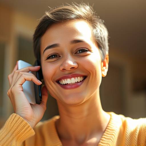 Uma pessoa sorrindo ao telefone, representando o contato direto com nossa equipe de suporte.